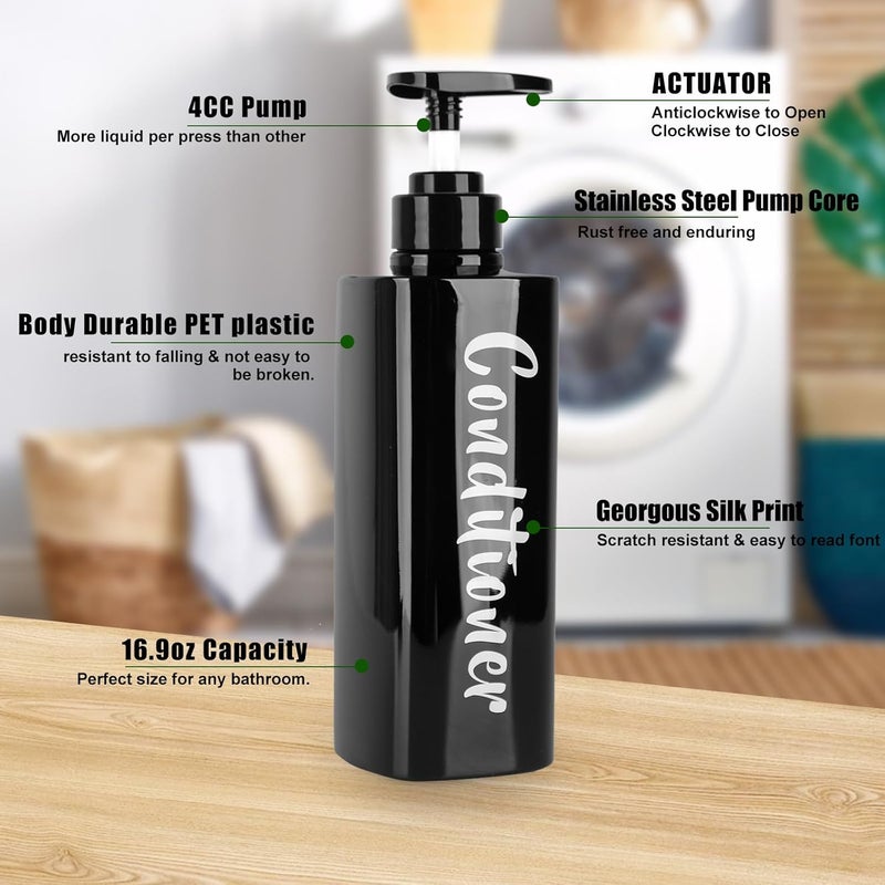 AUMIO 16.9oz Shampoo and Conditioner Bottles Set of 3-Printed Shower Soap Dispenser Plastic Shampoo Bottles Refillable with Pump - Shampoo Conditioner Body Wash Dispenser for Bathroom Shower Black - Image 3